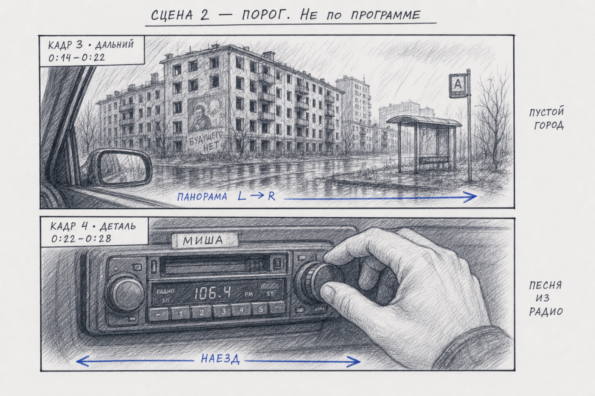 Сцена 2 — рисованная раскадровка: кадры 3, 4