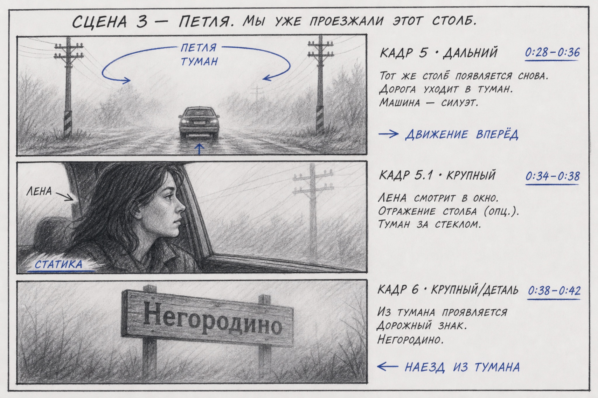 Сцена 3 — рисованная раскадровка: кадры 5, 5.1, 6