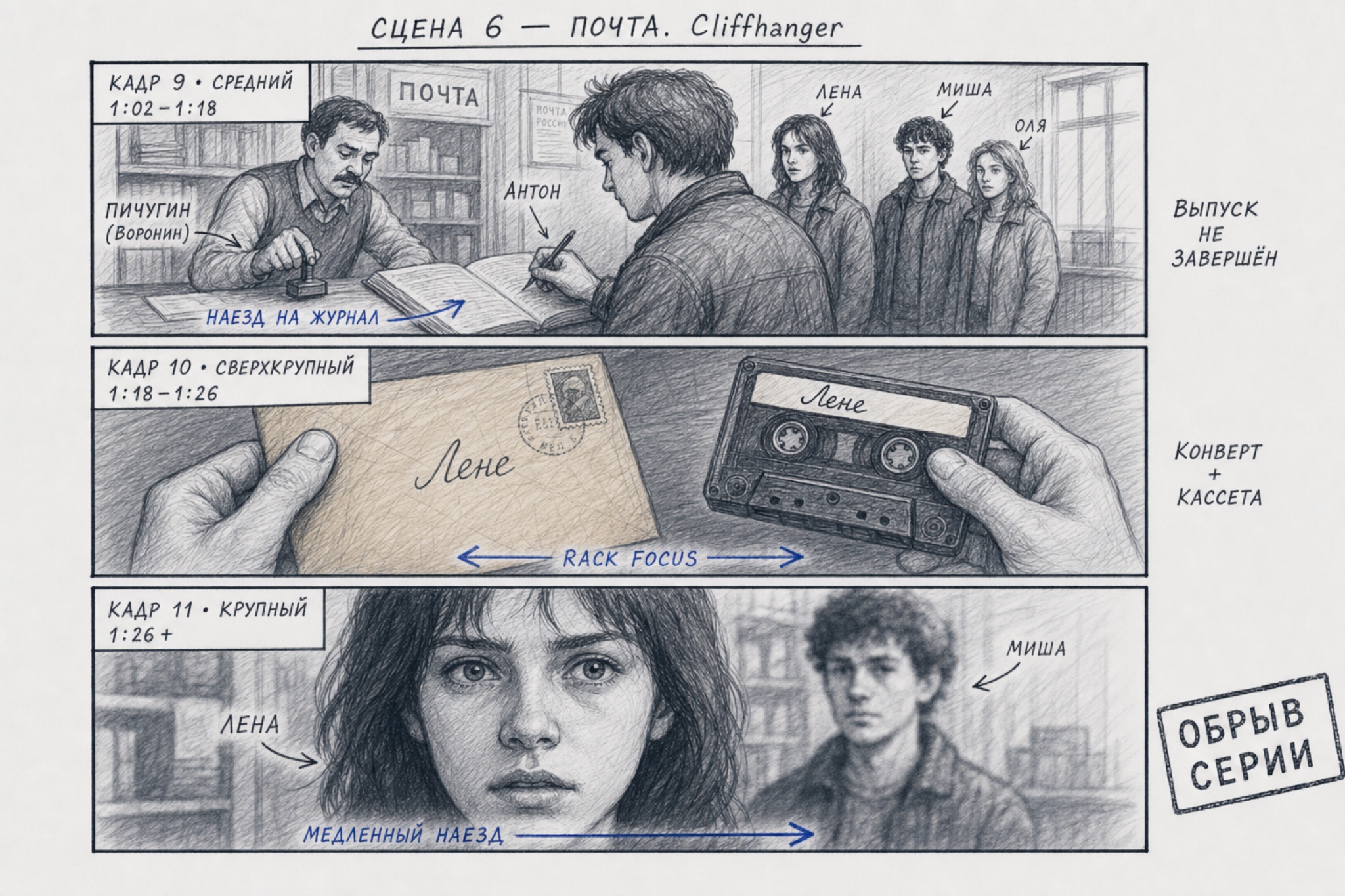 Сцена 6 — рисованная раскадровка: кадры 9, 10, 11